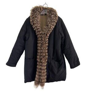 Vintage Yves Saint Laurent Rive Gauche Womens Black Parka Coat w/ Genuine Fur Tr